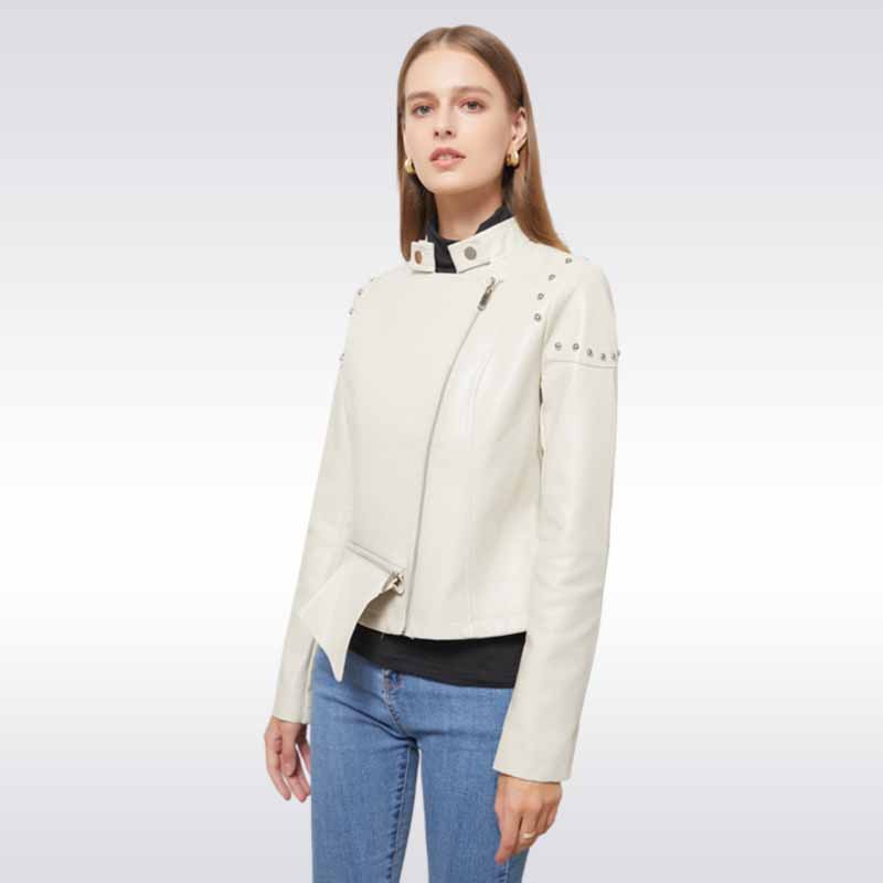 Stand Collar Rivet Leather Jacket - Genuine Zip Style