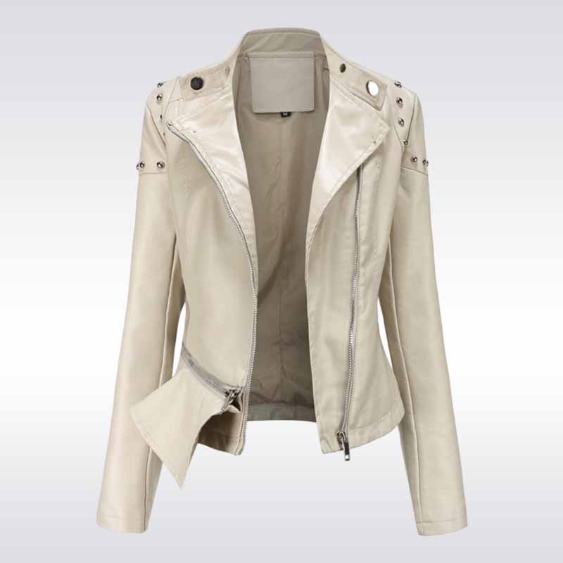 Stand Collar Rivet Leather Jacket - Genuine Zip Style