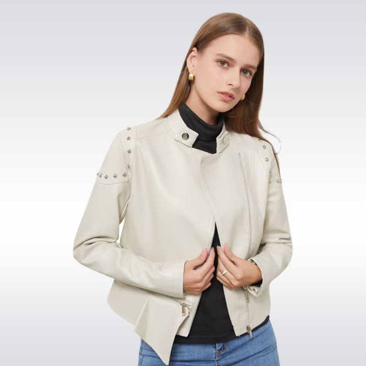Women’s Stand Collar Rivet Leather Jacket in Classic Zipper Style Stand Collar Rivet Leather Jacket - Genuine Zip Style