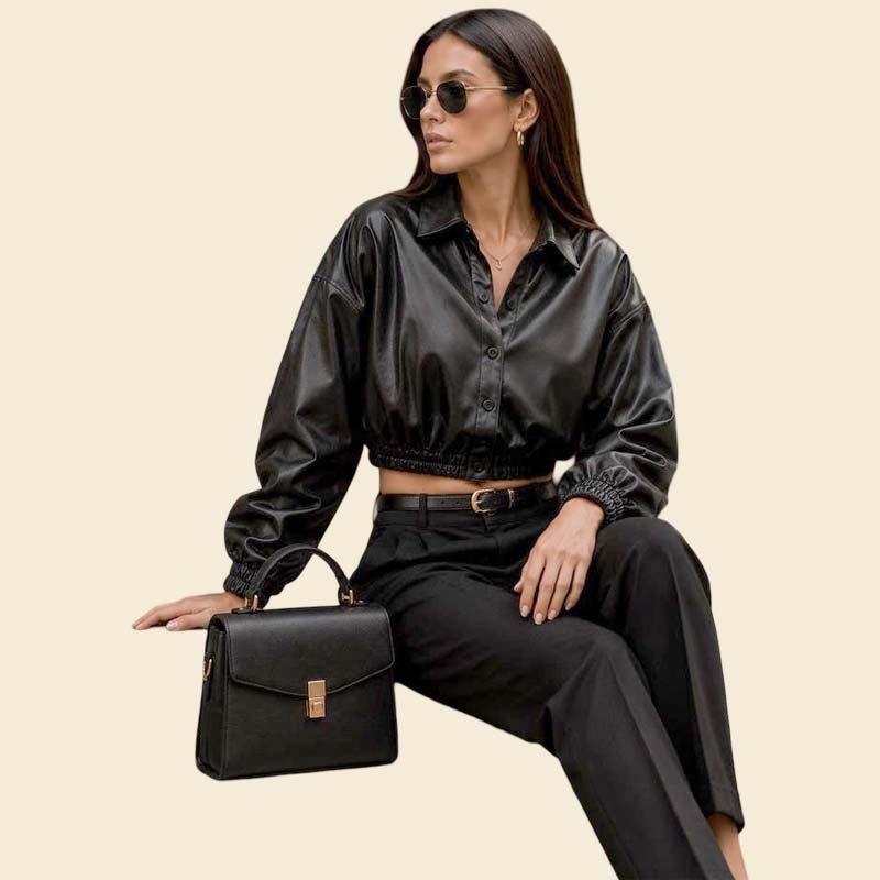 Stylish black lambskin cropped leather jacket for women streetwear look by Jackets Kingdom