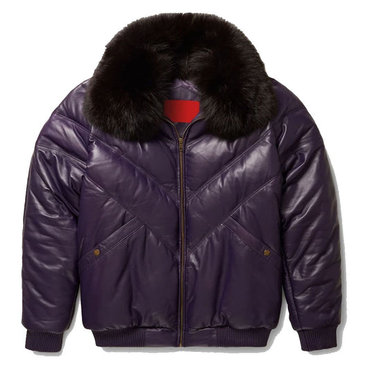 Stylish Purple Leather V-Bomber Jacket Stylish Purple Leather V-Bomber Jacket | Trendy Outerwear