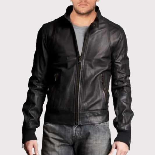 Stylish Men's Leather Bomber Jacket with Stand Collar Stylish Men's Leather Bomber Jacket