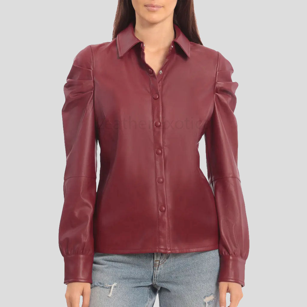 Stylish Red Puffed Sleeves Leather Shirt for Women