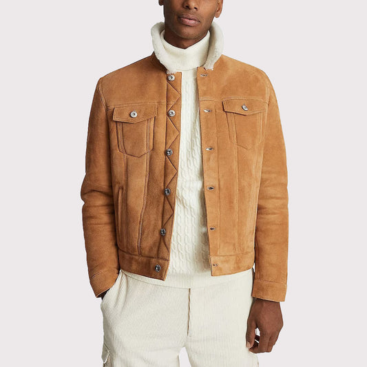Stylish Suede Trucker Leather Jacket with Faux Shearling Collar Suede Trucker Leather Jacket with Faux Shearling Collar