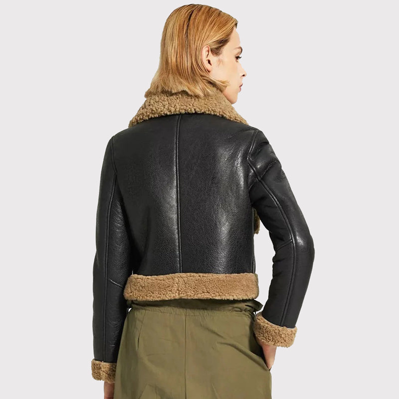 Stylish Women's Black Leather Jacket with Brown Shearling Collar