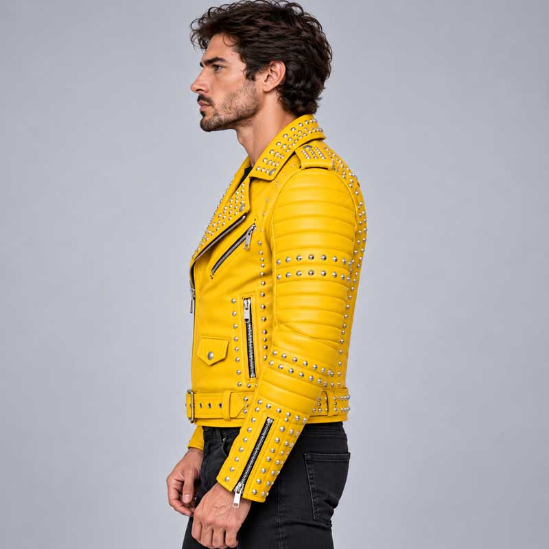 Men's Yellow Cowhide Leather Biker Jacket With Silver Studded Moto Design