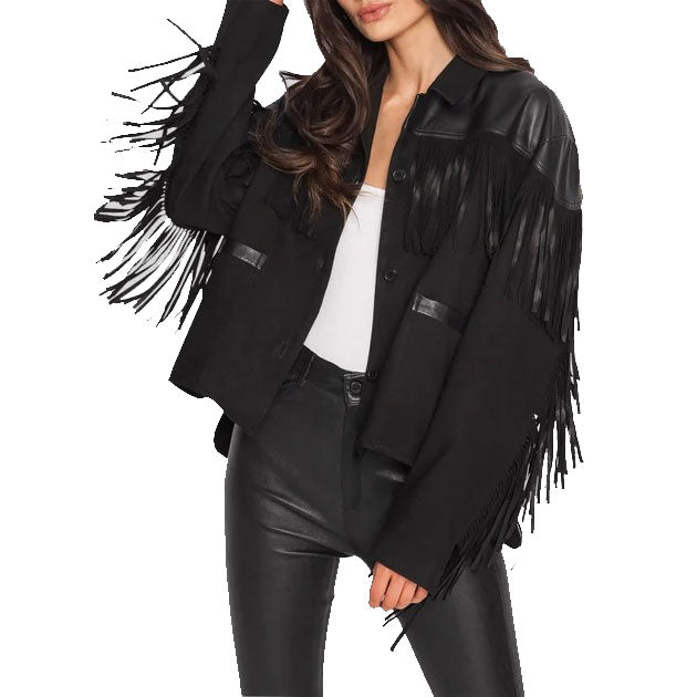 Suede Fringe Jacket with Genuine Leather Shoulder - Western Cowgirl Shirt Jacket