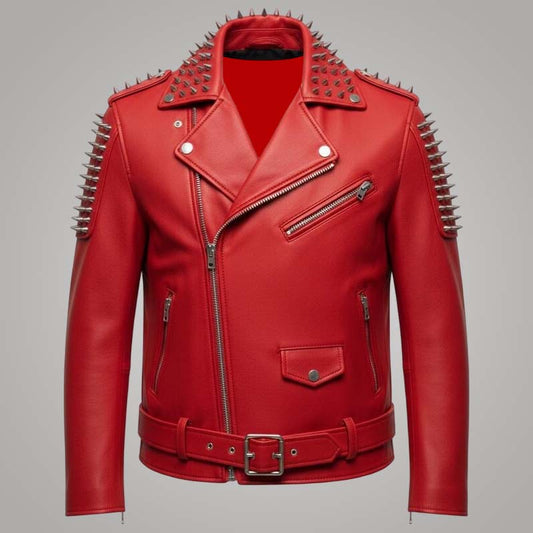 Best gothic punk biker jacket in red genuine cowhide leather for men