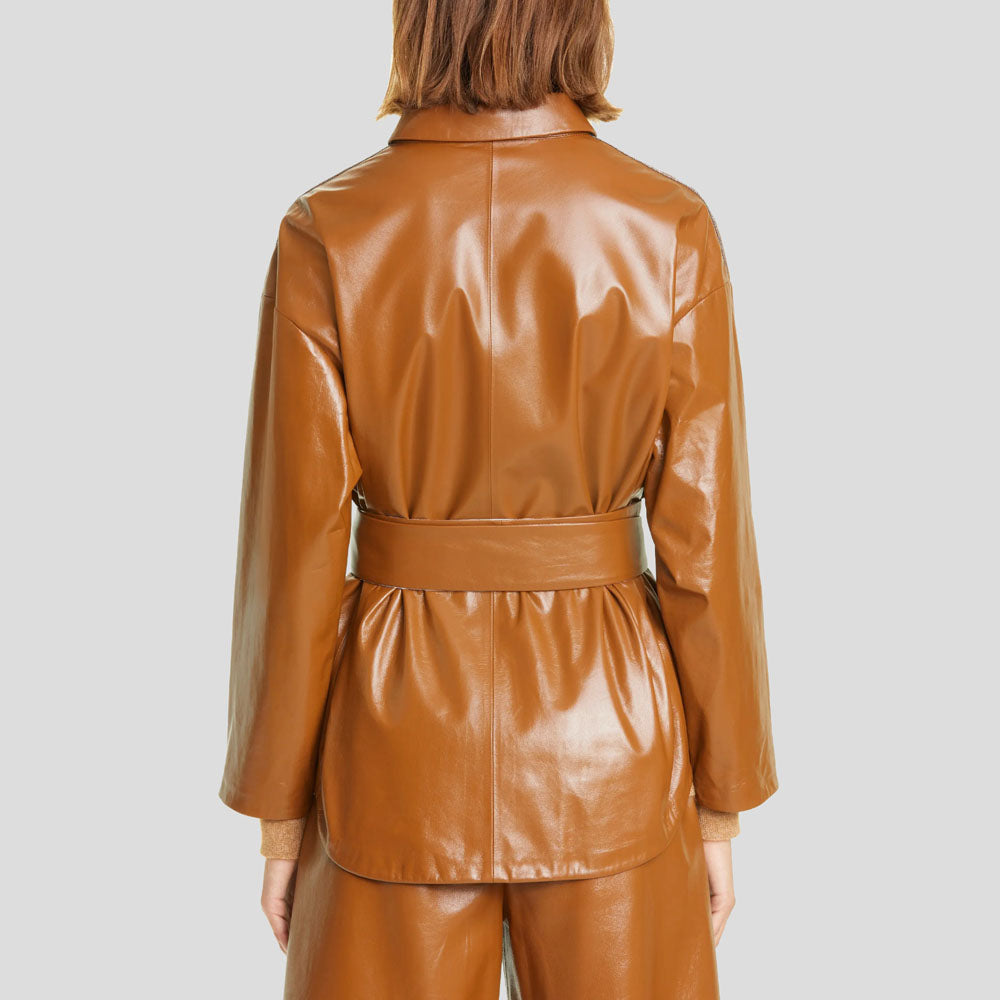 Tan Brown Belted Leather Shirt Jacket for Women