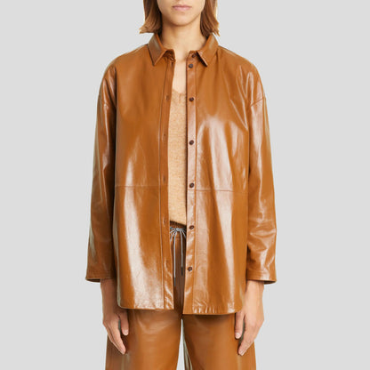 Tan Brown Belted Leather Shirt Jacket for Women