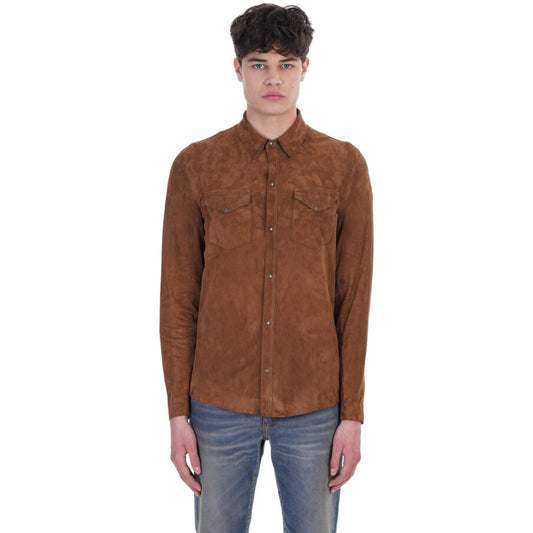 Tan Brown Suede Leather Shirt Men's