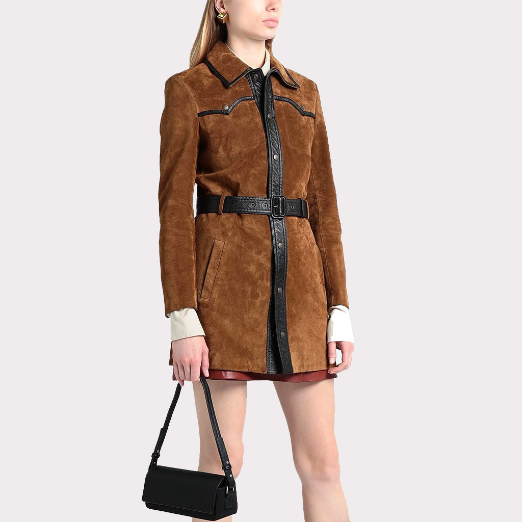 Tan Brown Suede Leather Women's Coat