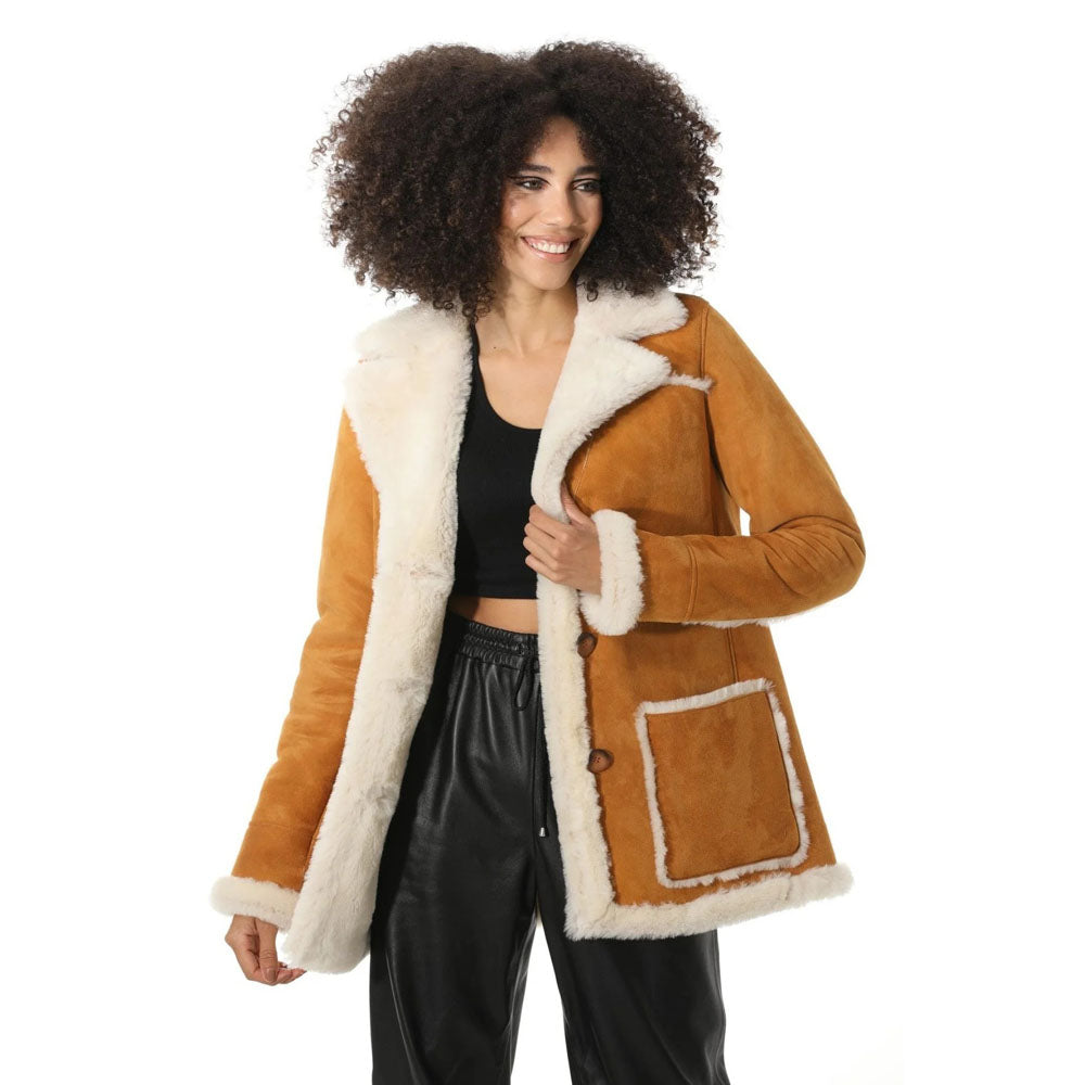 Women's Tan Suede Shearling Coat with White Fur