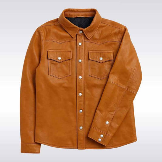 Brown leather jacket with button details