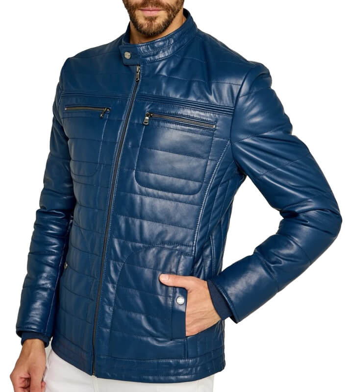 Men's Blue Leather Jacket - Striped Stitching Casual Jacket