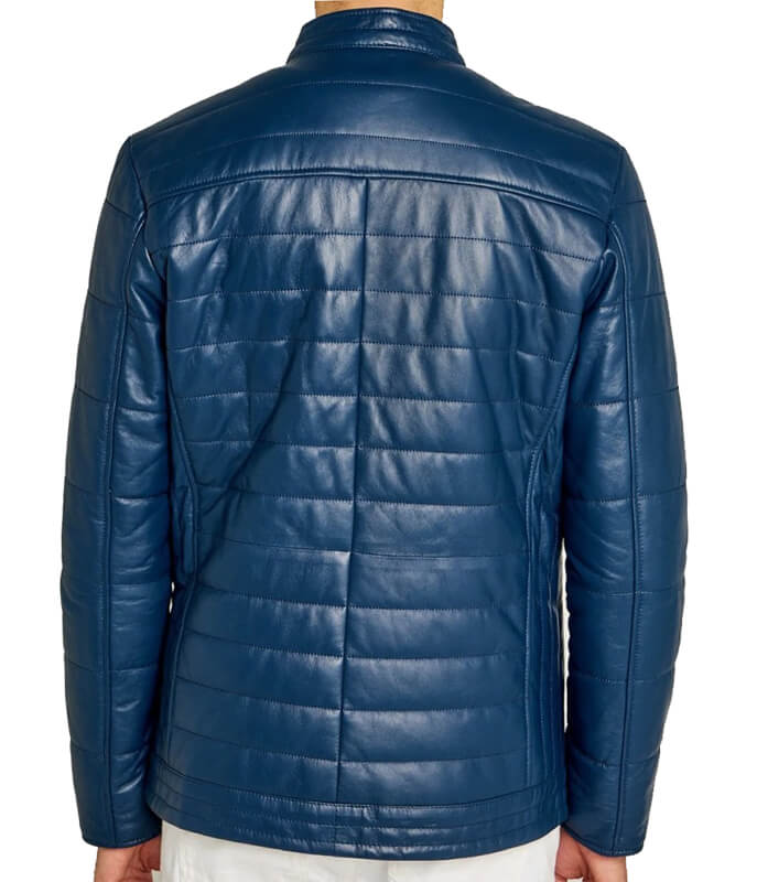 Men's Blue Leather Jacket - Striped Stitching Casual Jacket
