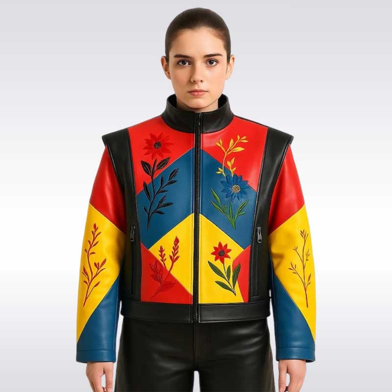 Unisex Geometric Color Block Leather Jacket