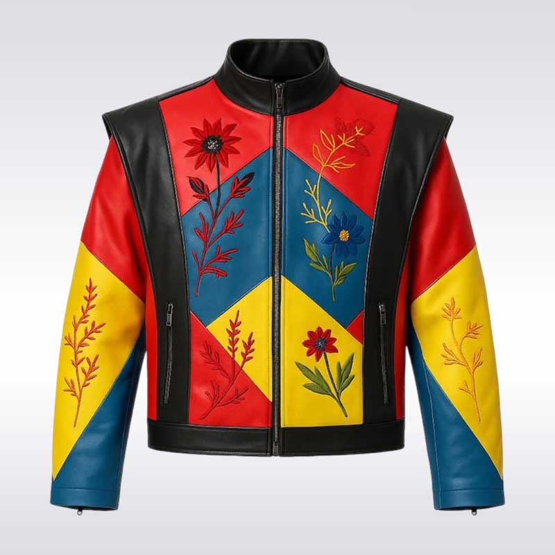 Unisex Geometric Color Block Leather Jacket