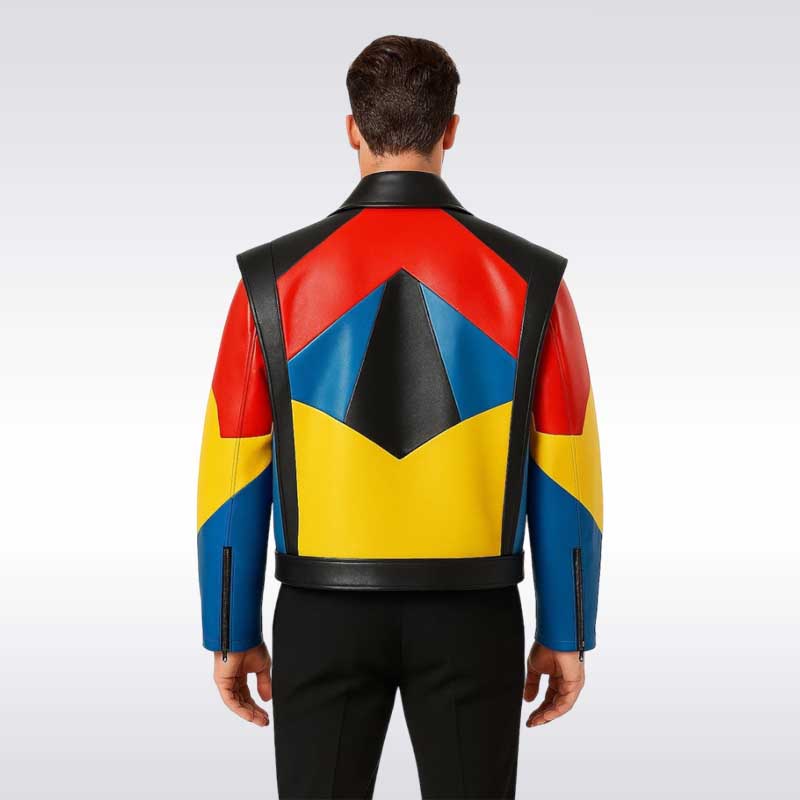 Unisex Geometric Color Block Leather Jacket