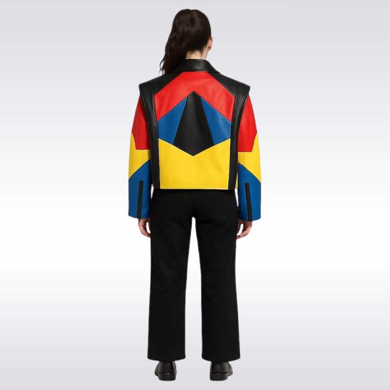 Unisex Geometric Color Block Leather Jacket