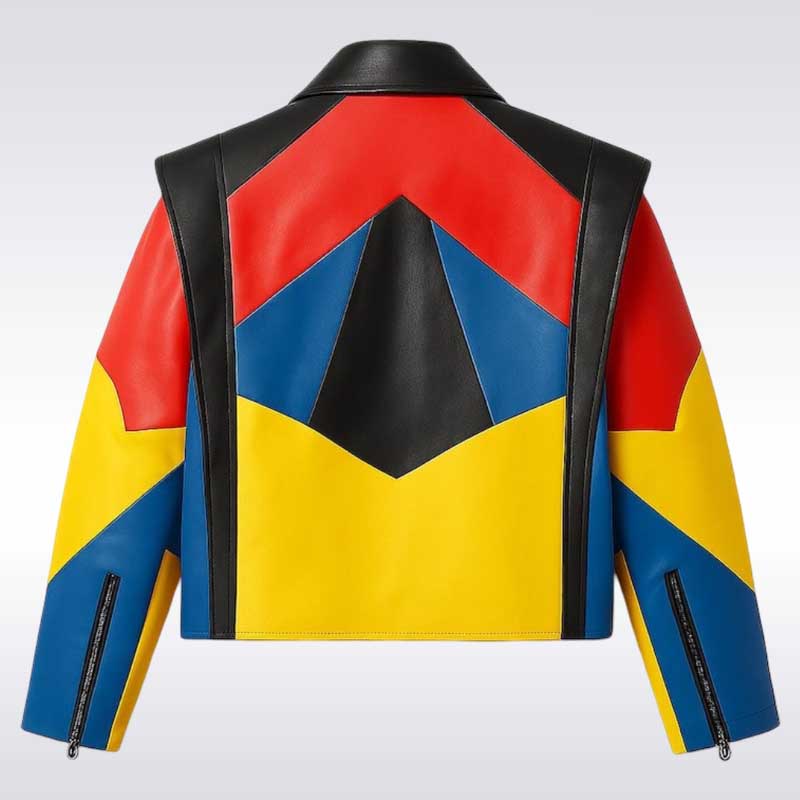 Unisex Geometric Color Block Leather Jacket