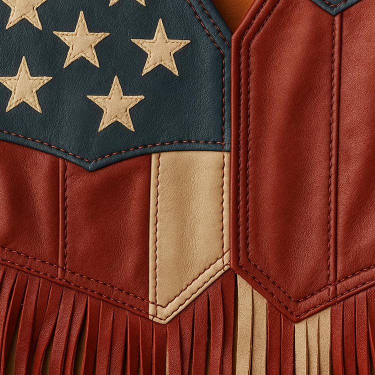 Close-up of a leather vest with American flag design featuring stars and fringes.