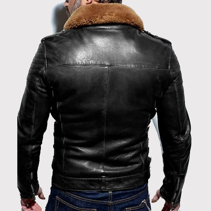Versatile Aviator-style Black Leather Jacket with Removable Collar
