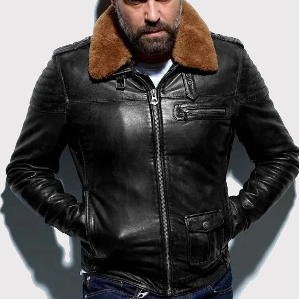 Stylish Black Leather Aviator Jacket - Removable Collar