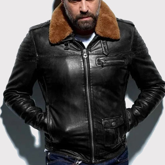 Versatile Aviator-style Black Leather Jacket with Removable Collar Stylish Black Leather Aviator Jacket - Removable Collar
