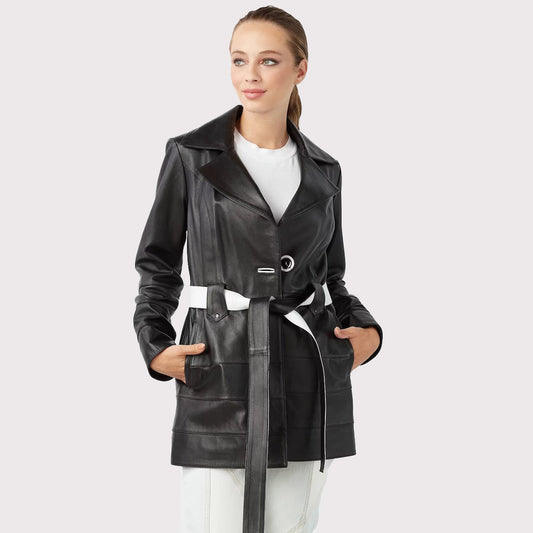 Vintage Black Leather Trench Coat for Women Vintage Black Leather Trench Coat