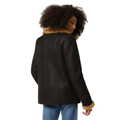 Women's Washed Brown Shearling Peacoat with Ginger Fur
