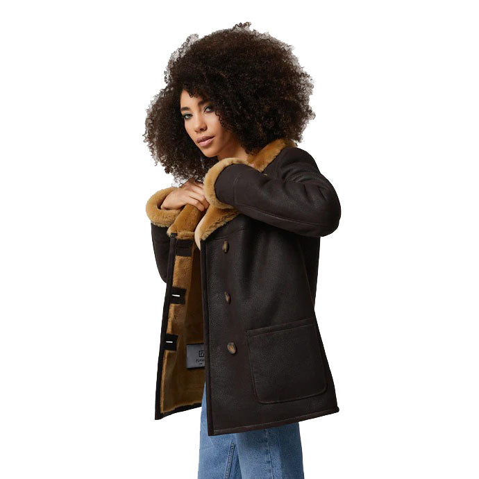 Women's Washed Brown Shearling Peacoat with Ginger Fur