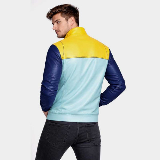 Premium leather cosplay biker jacket featuring striking color block design and slim fit