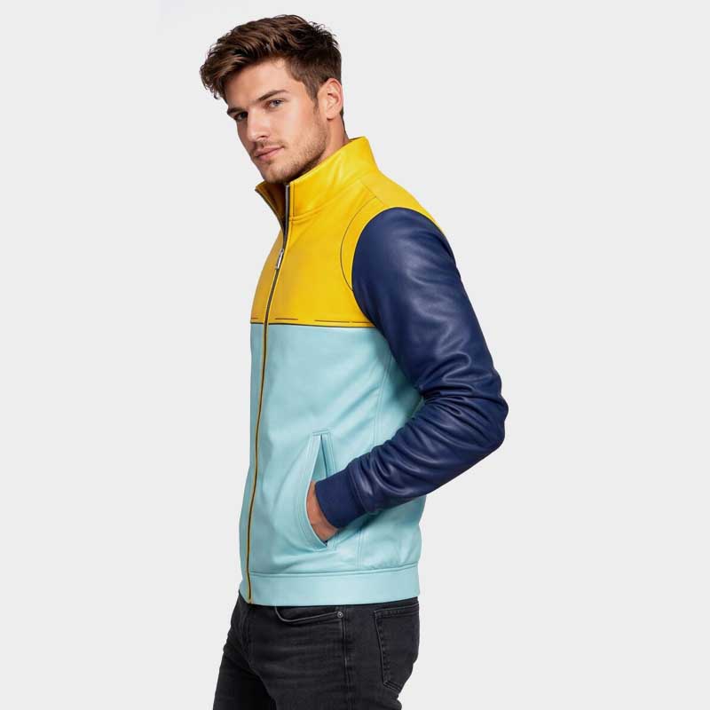 Superhero inspired jacket in yellow blue leather with front zipper and structured shoulders
