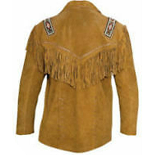 Western Men's Cow-boy Fringed and Beaded Suede Leather Coat