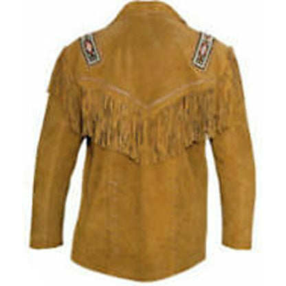 Western Men's Cow-boy Fringed and Beaded Suede Leather Coat