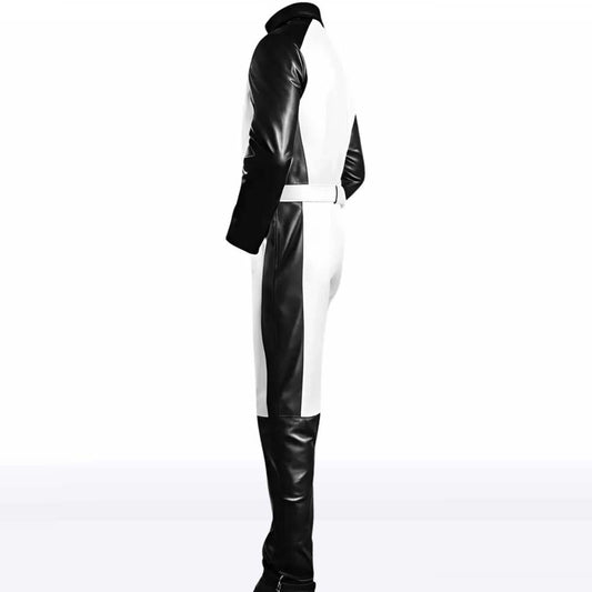 White & Black Front Zipper Leather Overall Bodysuit Jumpsuit