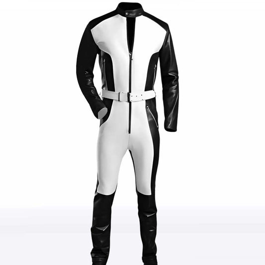 White & Black Front Zipper Leather Overall Bodysuit Jumpsuit White & Black Front Zipper Leather Overall Bodysuit Jumpsuit