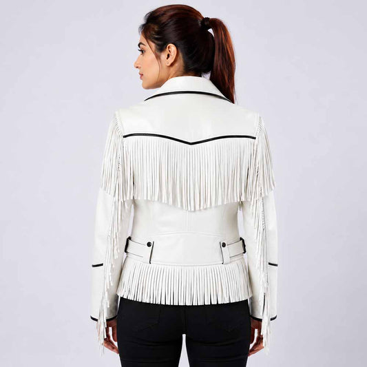 Women's White Real Leather Biker Jacket with Western Fringe in Slim Fit