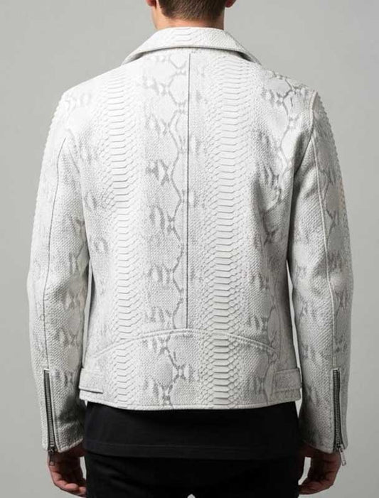 White Snake Print Leather Biker Jacket