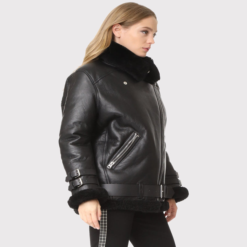 Women's Black B3 Shearling Jacket - Black Aviator Jacket
