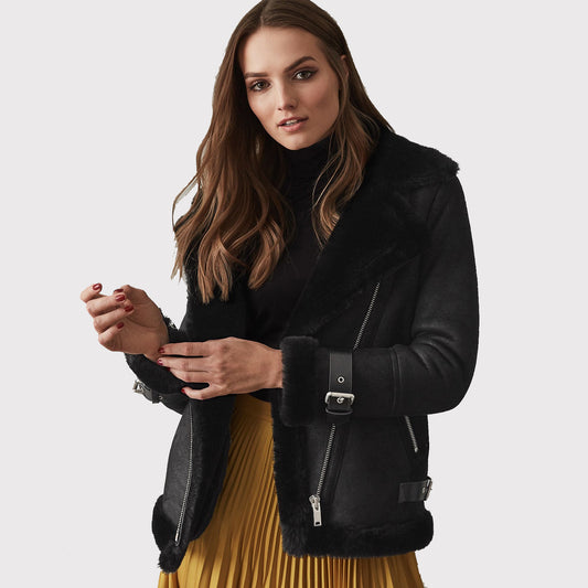 Women Black Shearling Leather Jacket