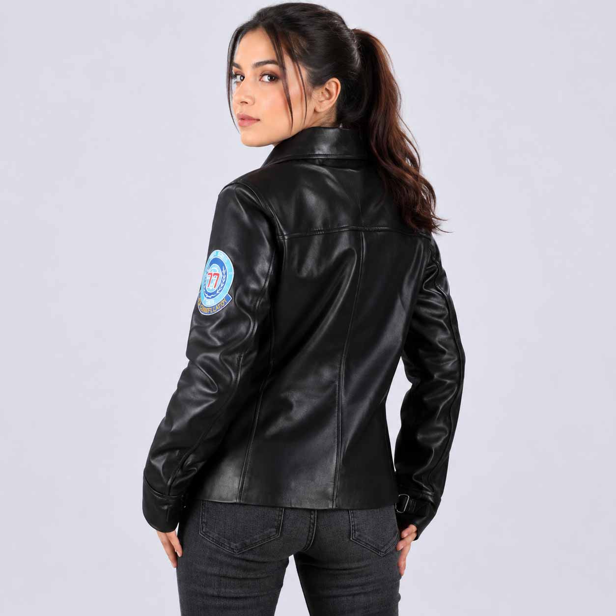 Women Black Sheepskin Leather Flight Jacket with Embroidered Patches