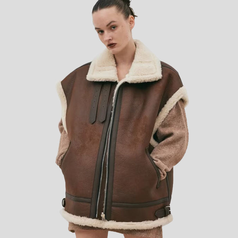 Women Chocolate Brown RAF B3 Bomber Sheepskin Leather Vest