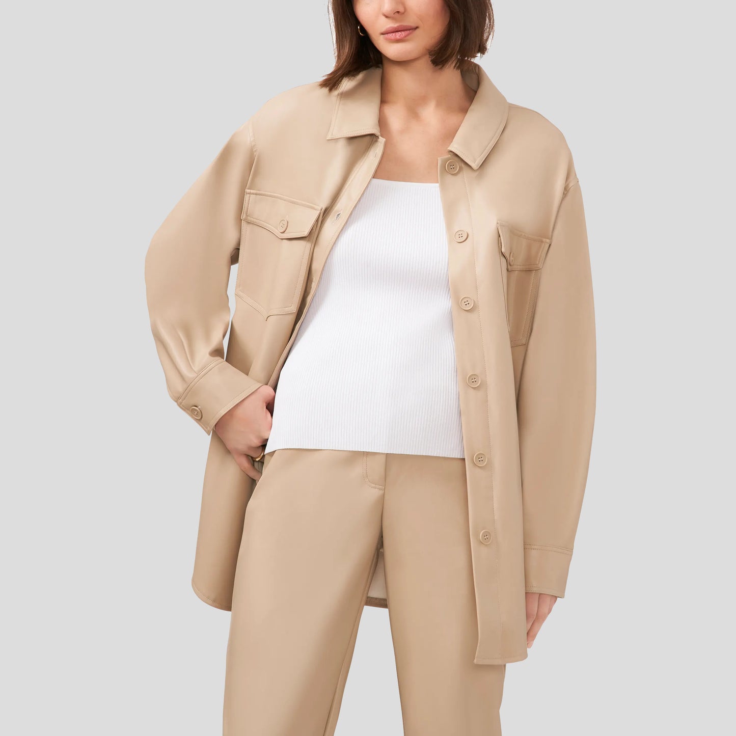 Women Faux Leather Shirt Jacket - Oxford Tan