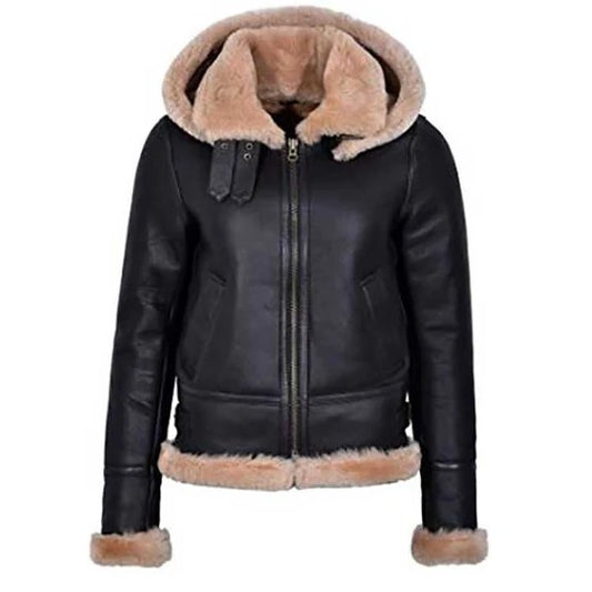 Women Hooded Flying Aviator Leather Jacket Women Hooded Flying Aviator Leather Jacket