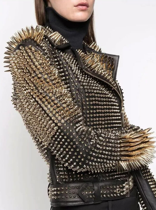 Women Jacket Punk Style Long Spiked Studded Biker Jacket