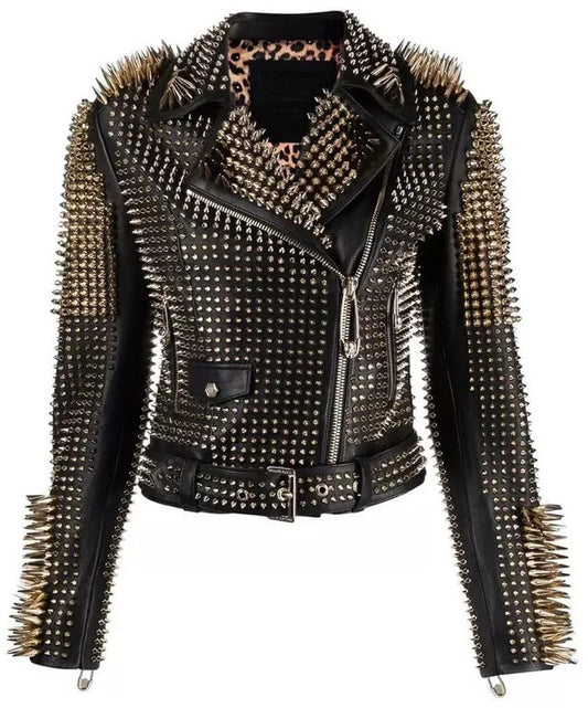 Women Jacket Punk Style - Long Spiked Studded Biker Genuine Cowhide Leather Jacket Women Jacket Punk Style Long Spiked Studded Biker Jacket