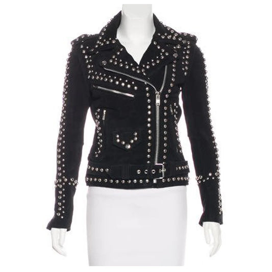 Women’s Studded Black Suede Leather Moto Jacket women studded suede leather jacket