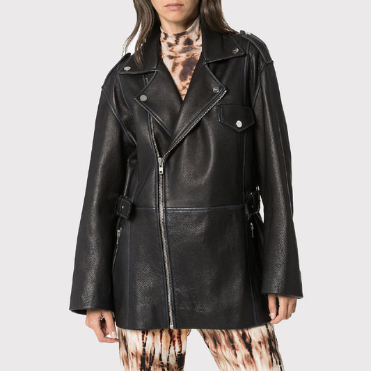 Women Stylish Black Leather Long Jacket - Biker Jacket